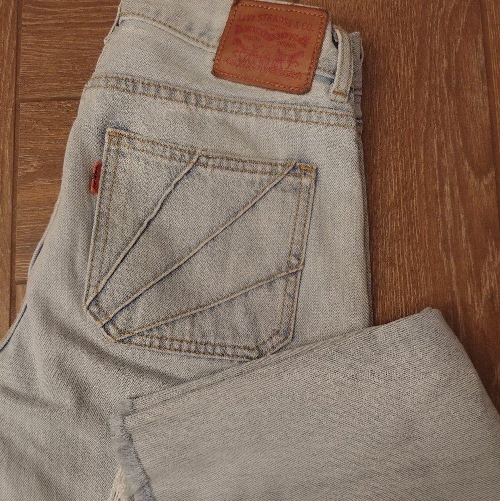 Levi's  vintage straight raw hem 100% cotton pale light blue gray Jeans